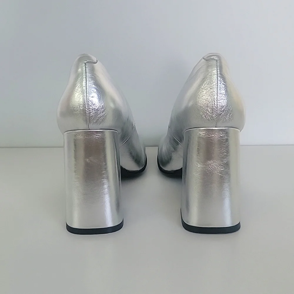 Silver womans high heel chunky heel square toe pumps party dress - Picture 6 of 8